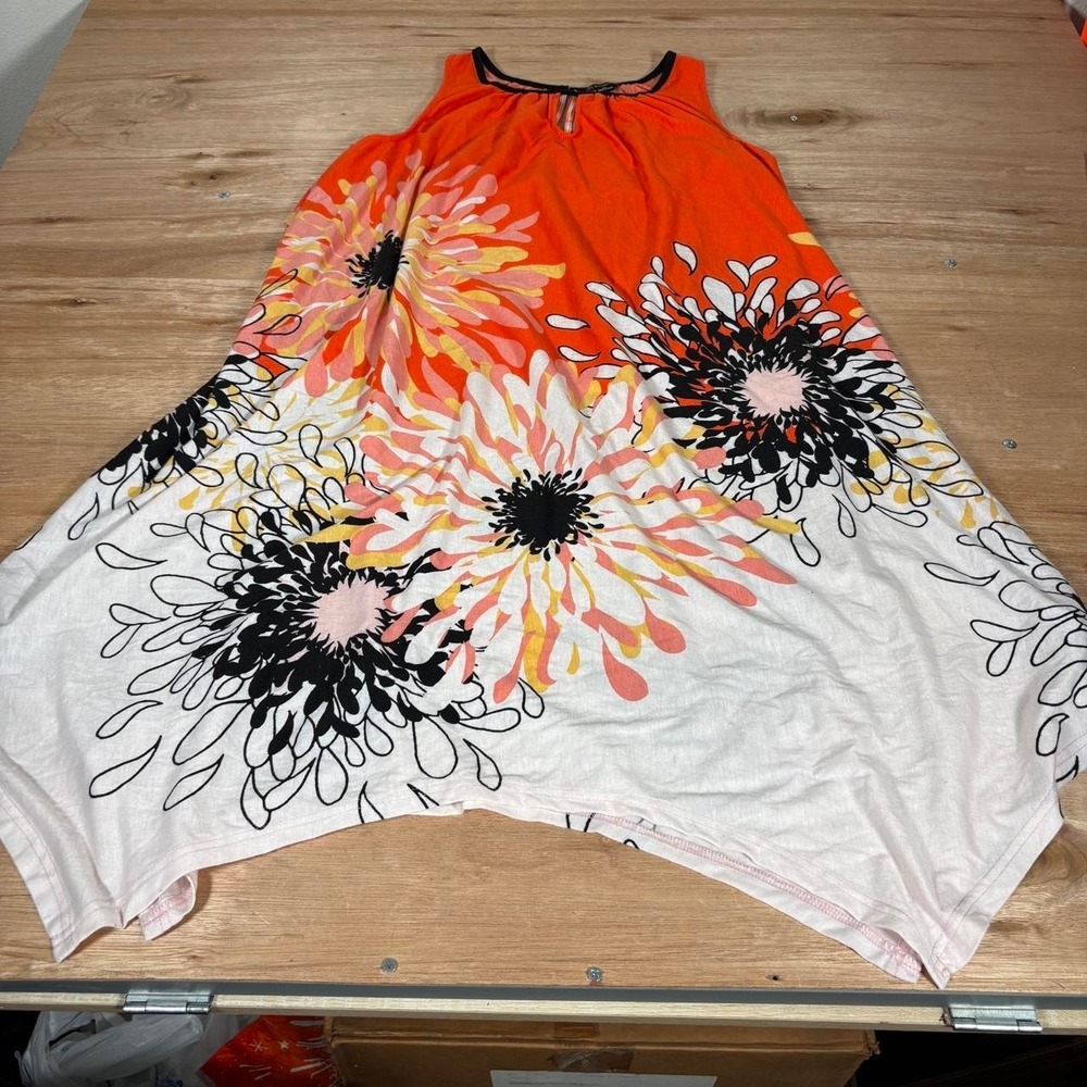 New Direction orange white floral print maxi dress with black outlines, size XL